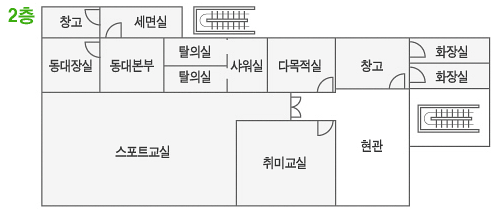 -2층 안내도- 2층에는 창고,동대장실,세면실,동대본부,탈의실,샤워실,창고,화장실,스포츠교실,취미교실 등이 있습니다.