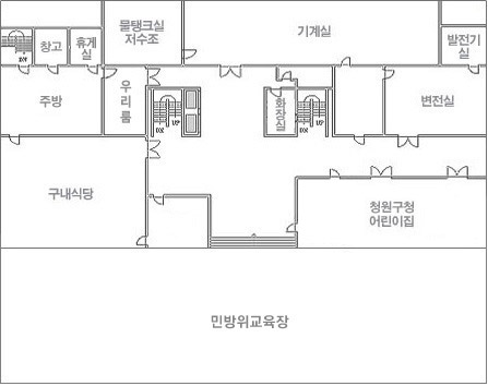 청원구청 지하1층 안내도입니다. 좌측상단부터 시계뱡향으로 창고, 휴게실, 물탱크실저수조, 기계실, 발전기실, 변절실, 화장실, 청원구청 어린이집, 이발소, 민방위교육장, 구내식당, 주방,우리룸이 있습니다.