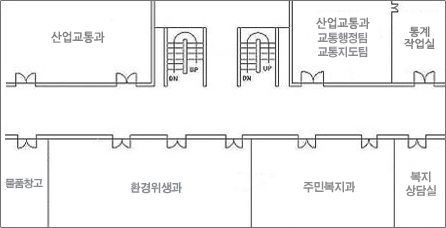 청원구청 4층 안내도입니다. 좌측상단부터 시계방향으로 산업교통과, 산업교통과/교통행정팀/교통지도팀, 통계작업실, 복지상담실, 주민복지과, 환경위생과, 물품창고가 있습니다.