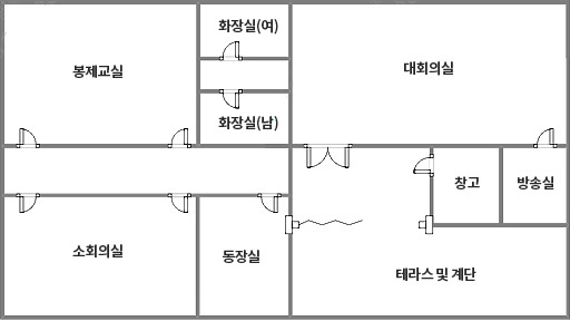 2층 층별안내도- 테라스 및 계단 오른쪽으로 창고, 방송실, 대회의실, 화장실(여), 화장실(남), 봉제교실, 소회의실, 동장실이 있습니다. 