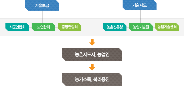 기술보급(시군연합회, 도연합회, 중앙연합회)+기술지도(농촌진흥청,농업기술원, 농업기술센터)=농촌지도자, 농업인->농가소득, 복리증진