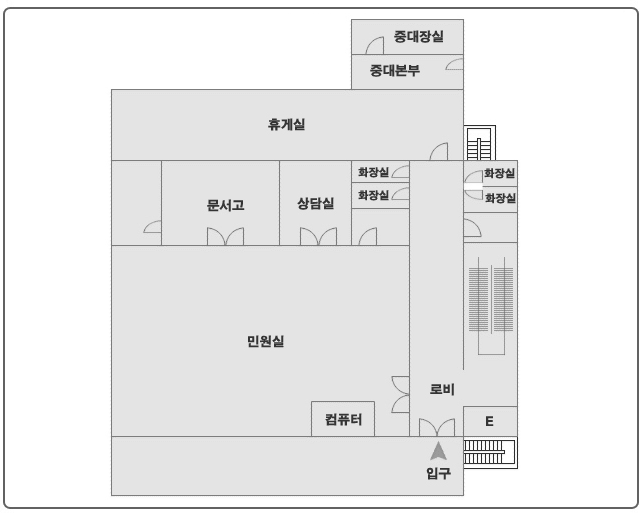 2층에는 입구, 로비, 컴퓨터, 민원실, 문서고, 상담실, 화장실, 휴게실, 중대장실, 중대본부, 화장실이 있습니다